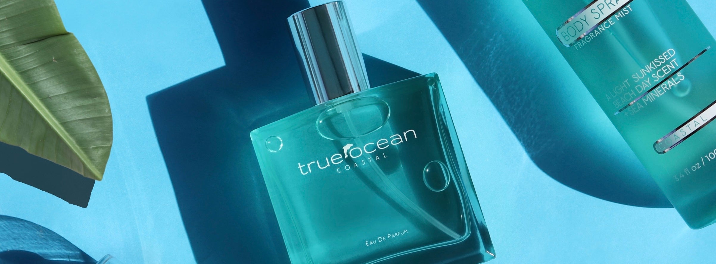 True Ocean Coastal fragrance products arranged with tropical leaves